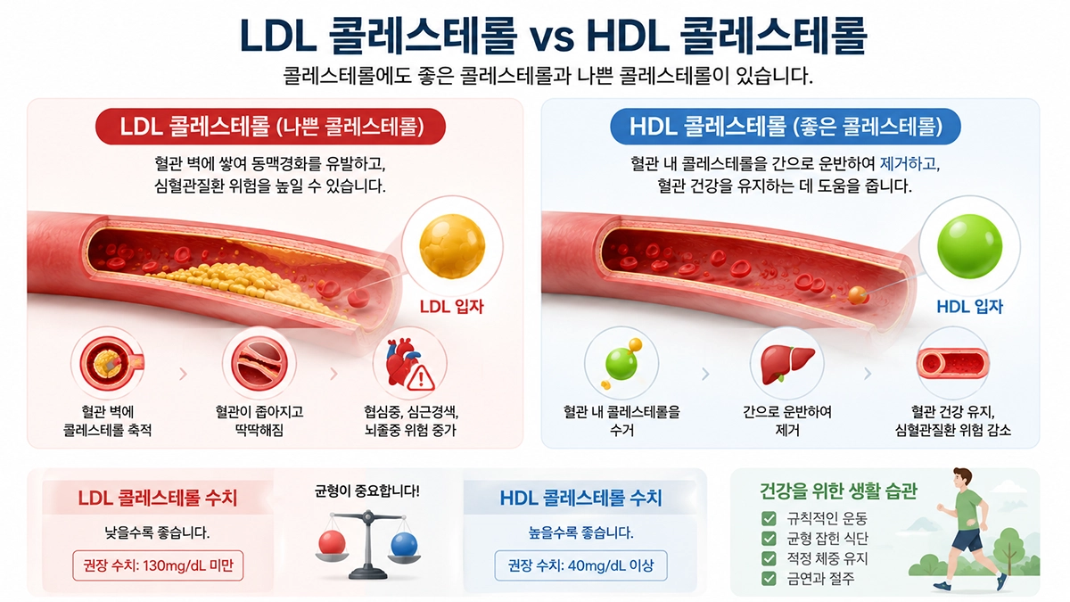 LDL 콜레스테롤과 HDL 콜레스테롤 차이를 설명하는 이미지
