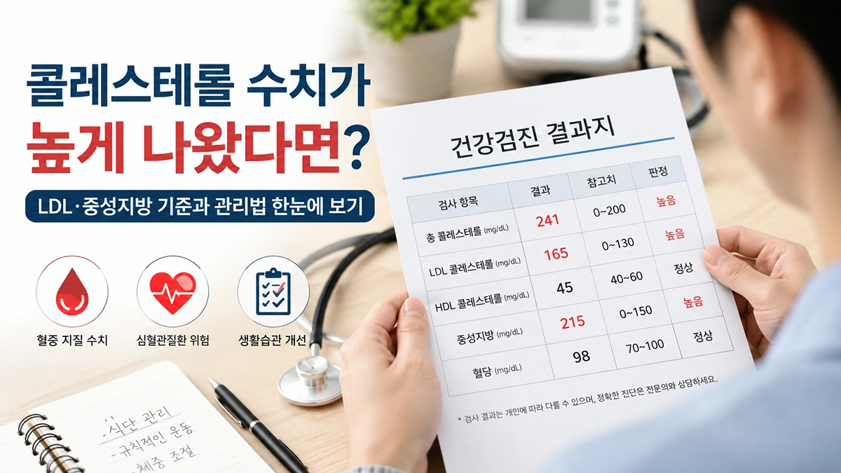 건강검진 결과지에서 콜레스테롤 수치가 높게 나온 예시 이미지