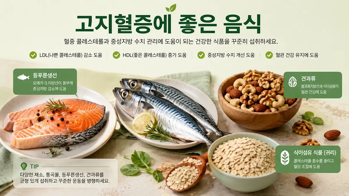 연어 고등어 귀리 견과류 등 고지혈증 관리에 도움이 되는 음식