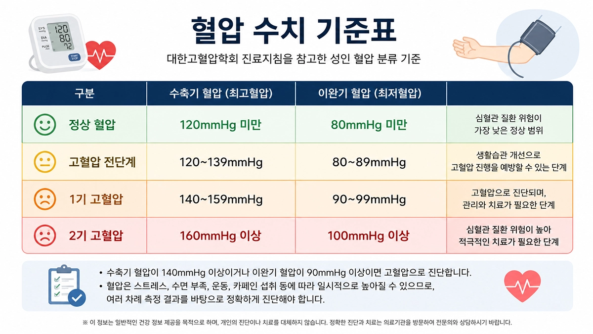 고혈압 기준 수치와 정상 혈압 수치 비교표