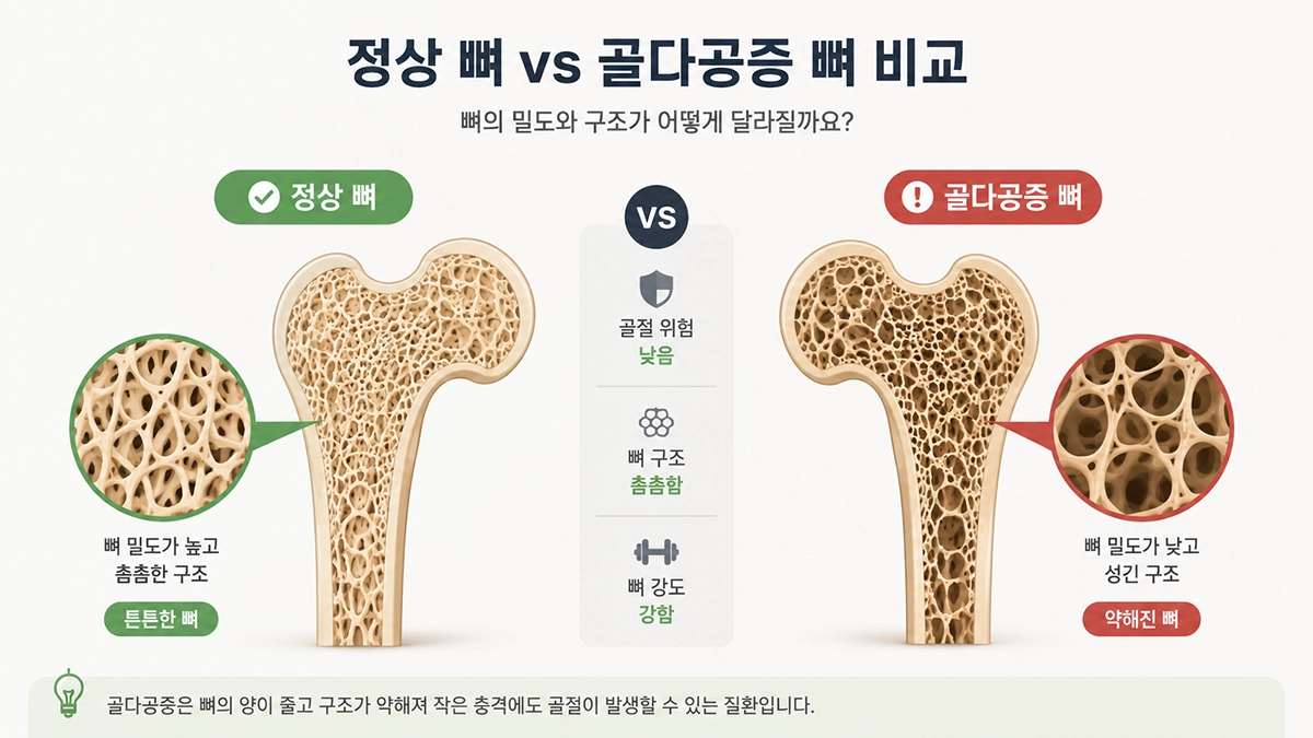 정상 뼈와 골다공증 뼈 구조 차이 비교 이미지