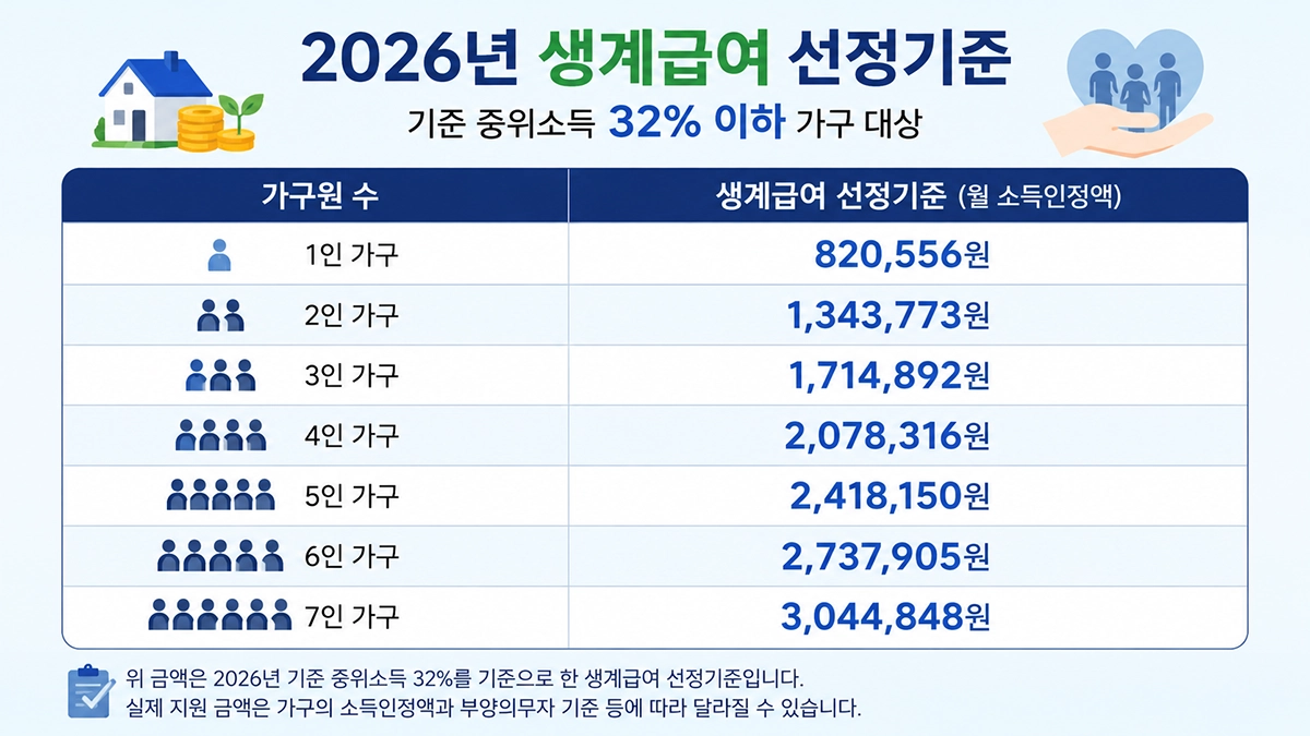 2026년 생계급여 1인 가구 2인 가구 선정기준 표
