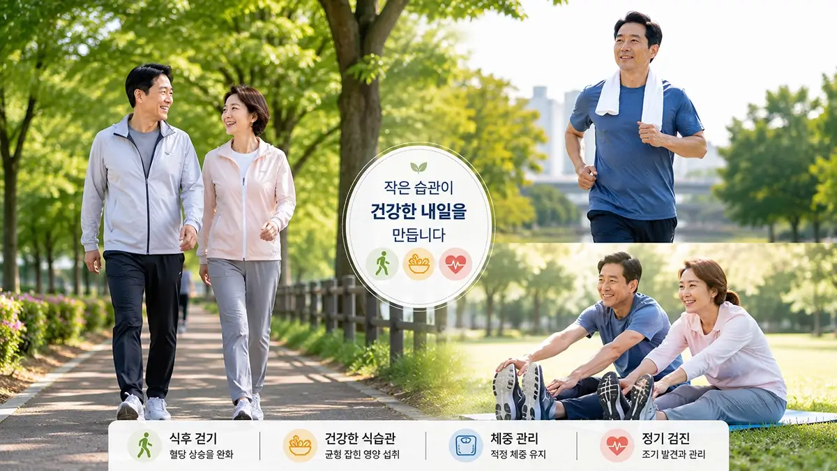  식후 걷기와 체중 관리로 혈당을 관리하는 모습