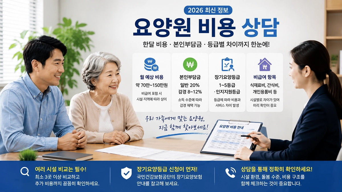 2026 요양원 비용 상담을 받는 보호자와 어르신