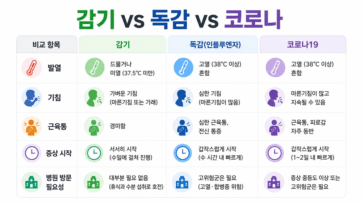 감기와 독감, 코로나19 증상 비교