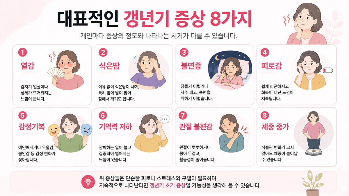 갱년기 증상 8가지 열감 식은땀 불면증 피로감 정리