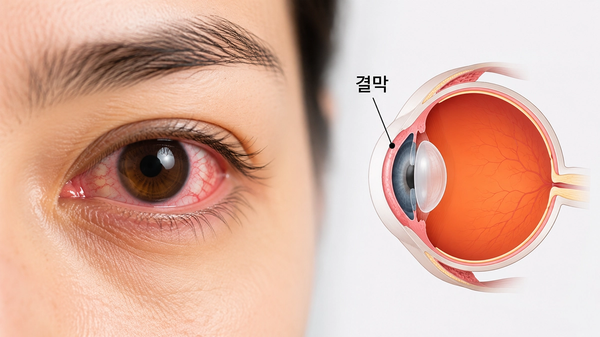 결막염으로 눈이 충혈된 모습과 결막의 위치를 설명하는 이미지