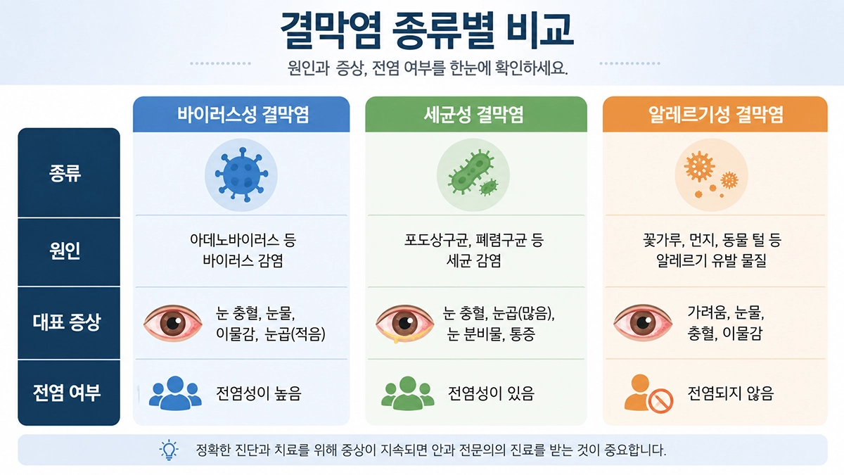 바이러스성, 세균성, 알레르기성 결막염의 차이를 비교한 인포그래픽