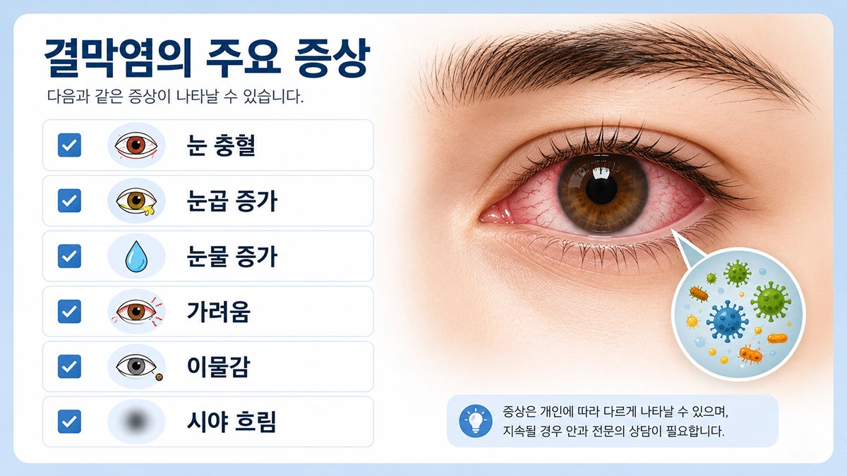 결막염에서 흔히 나타나는 주요 증상을 정리한 체크리스트