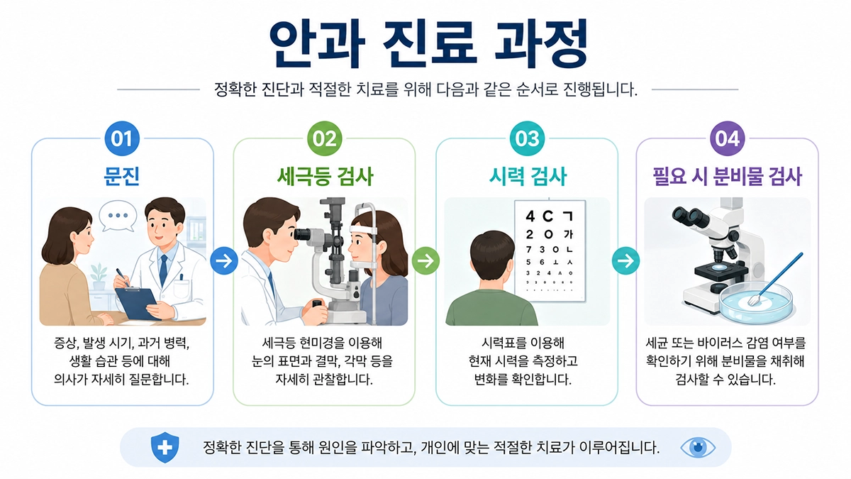 결막염 진단 과정과 안과 검사 순서를 설명한 인포그래픽