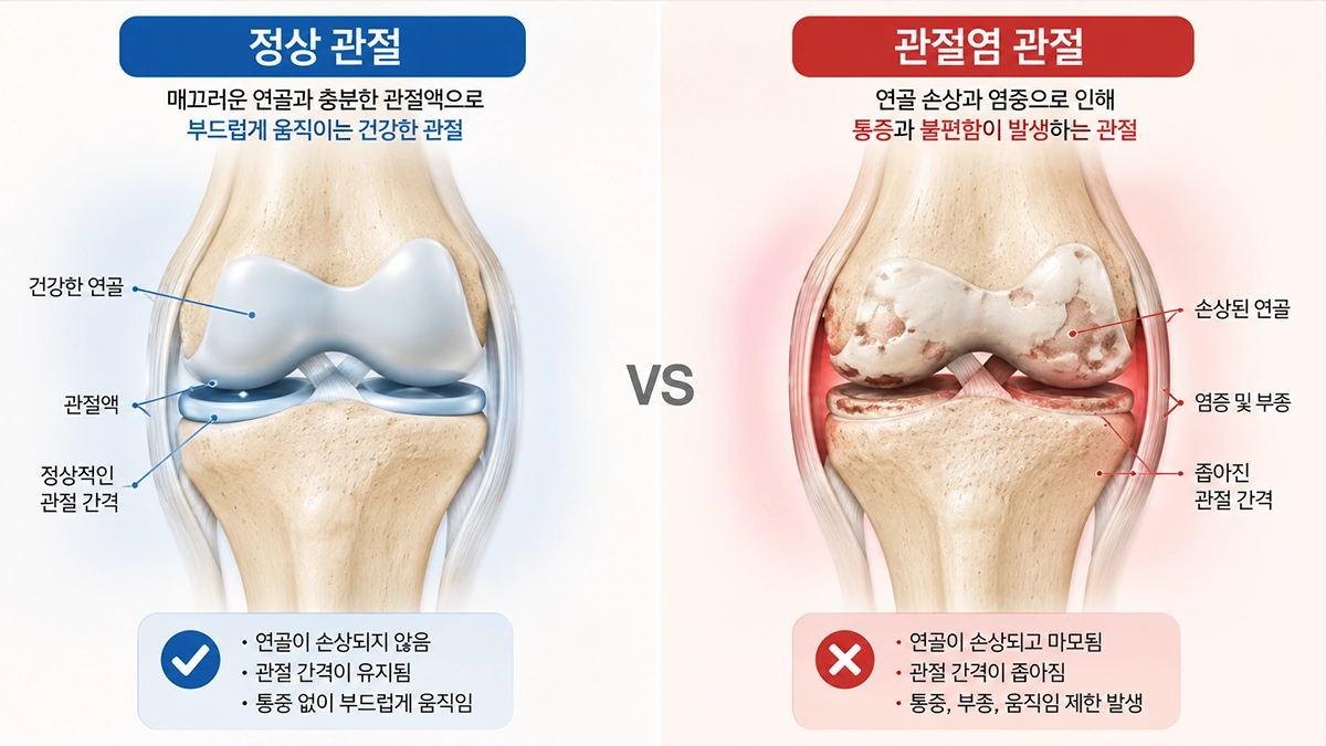 정상 관절과 관절염 관절 비교 이미지