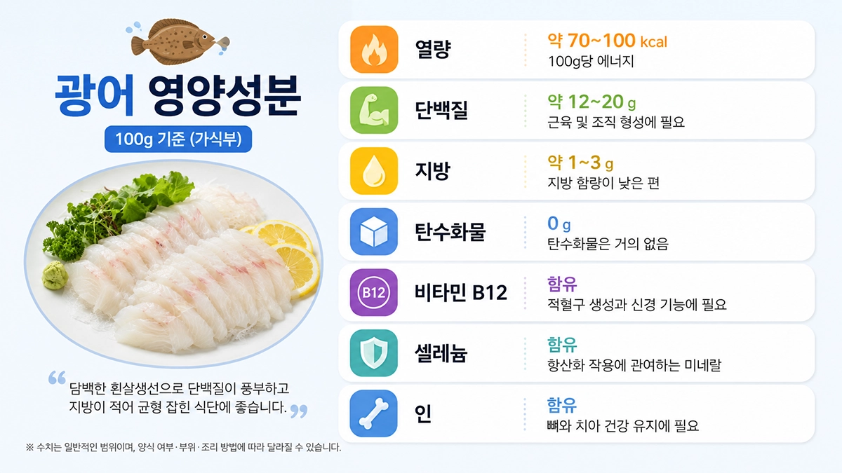 광어 100g 기준 영양성분을 시각화한 이미지