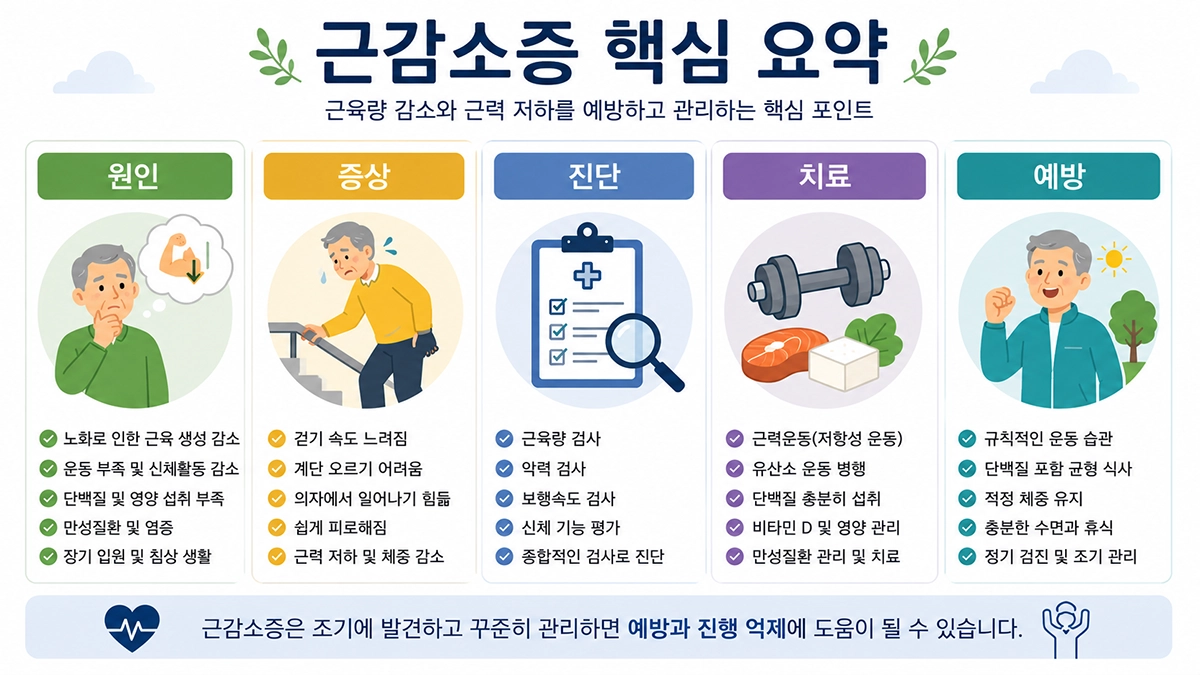 근감소증 원인 증상 진단 치료 예방 요약 인포그래픽