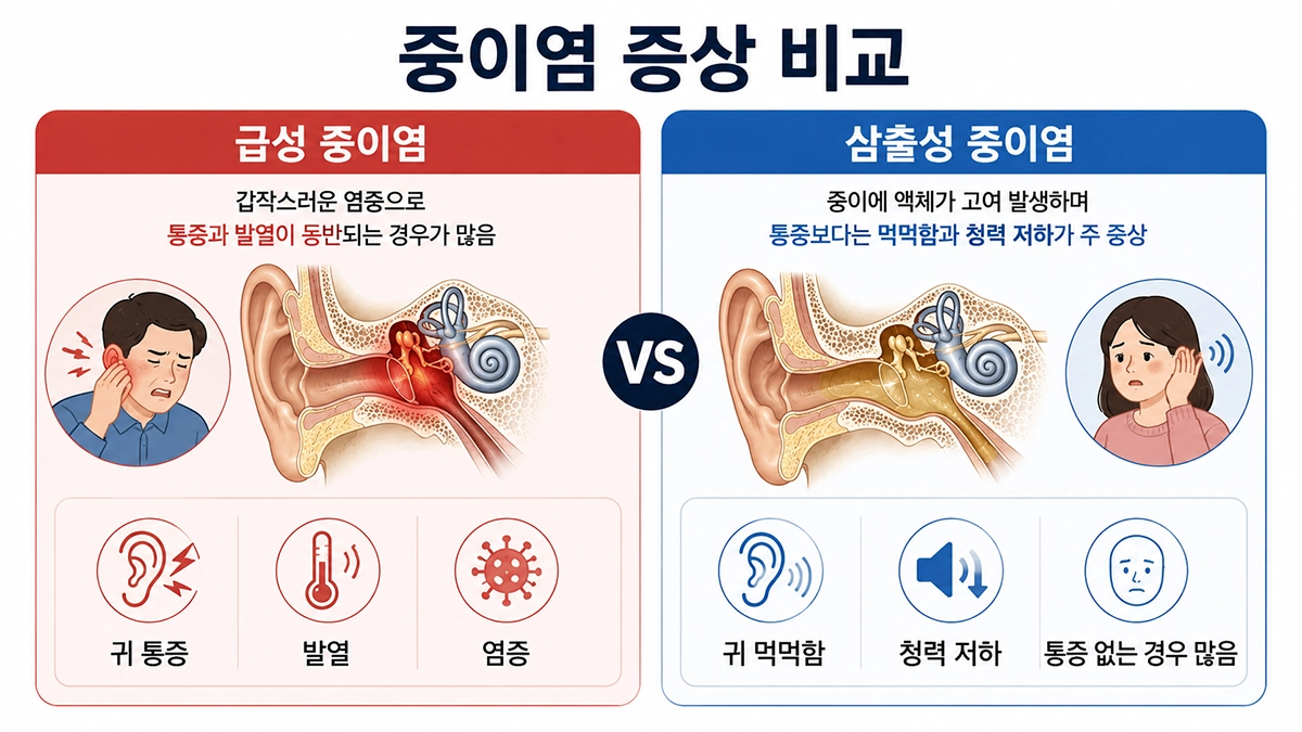 급성 중이염과 삼출성 중이염 증상 비교