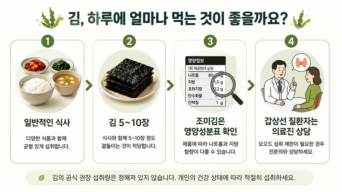김 하루 섭취량과 조미김 선택 시 확인할 사항을 단계별로 정리한 인포그래픽