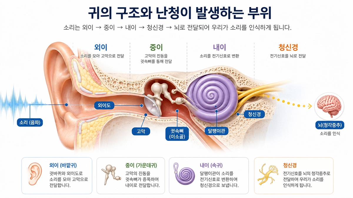 전음성 난청과 감각신경성 난청이 발생하는 귀 구조