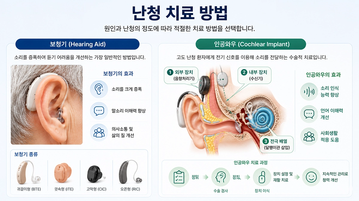난청 치료에 사용되는 보청기와 인공와우