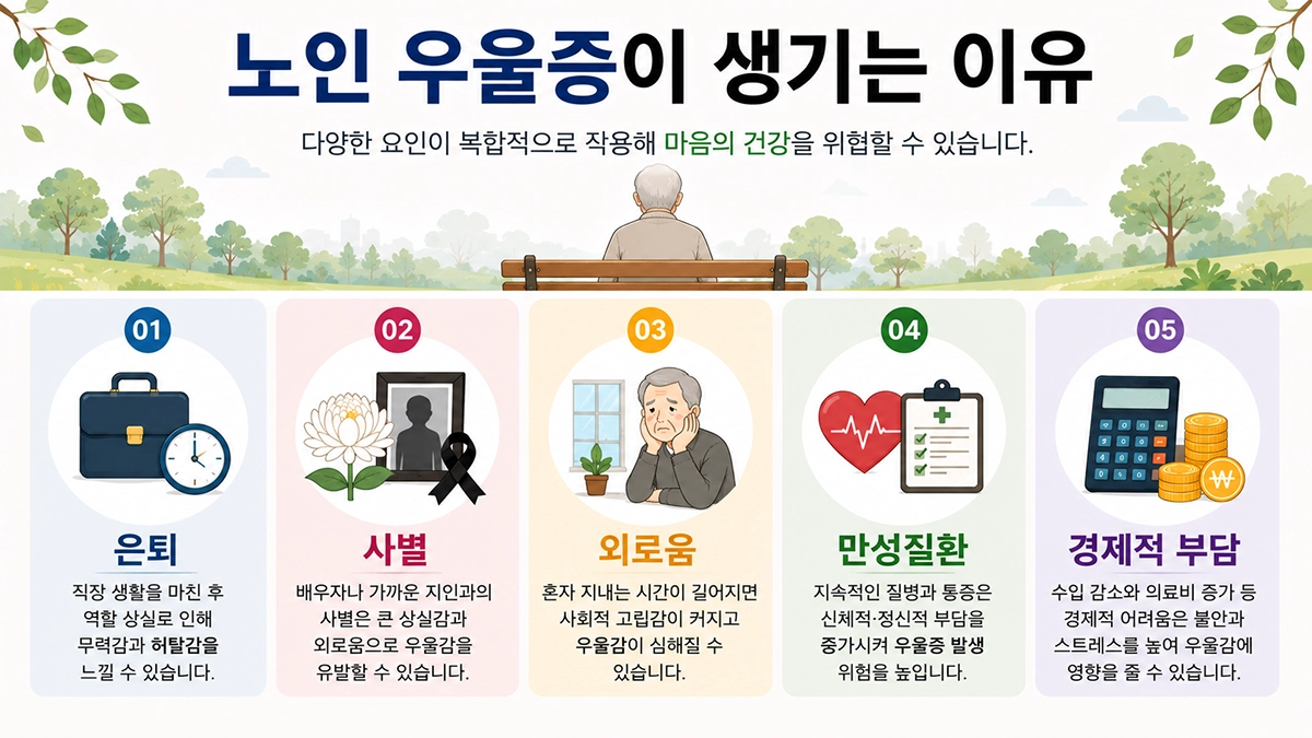노인 우울증 원인 은퇴 사별 외로움 만성질환