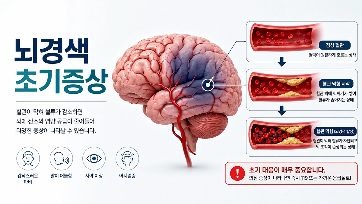 뇌경색으로 혈관이 막혀 혈류가 감소하는 모습