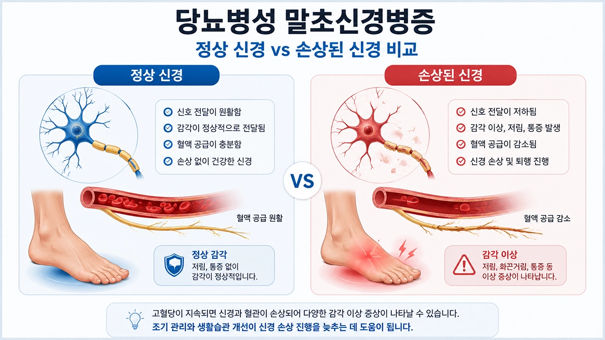당뇨병성 말초신경병증으로 인한 신경 손상 비교 이미지