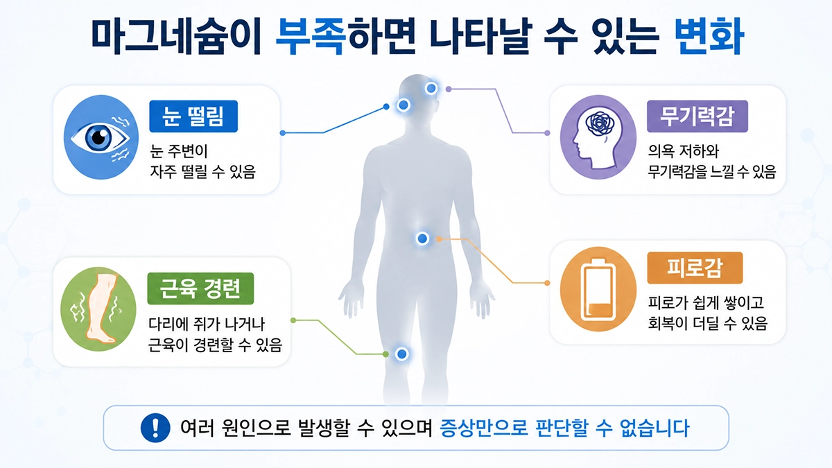 마그네슘 부족 시 나타날 수 있는 변화 눈떨림 근육경련 피로감