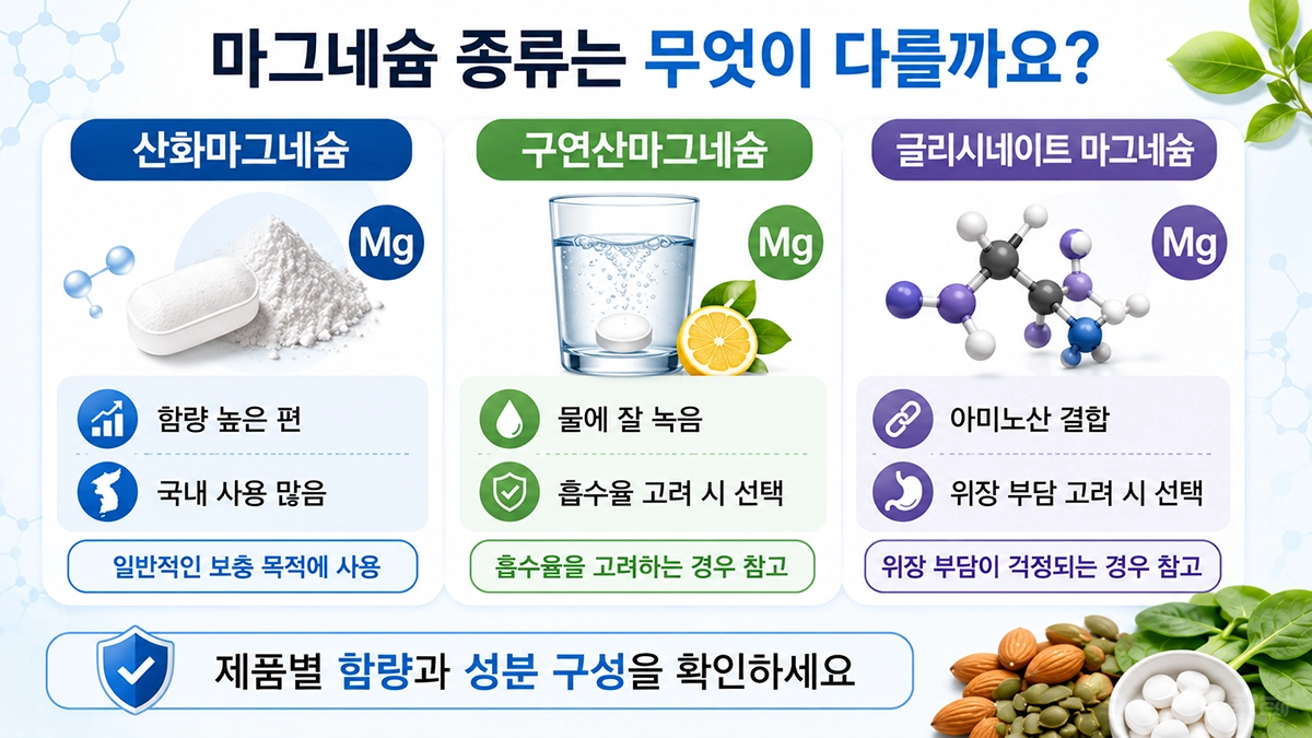 산화마그네슘 구연산마그네슘 글리시네이트 마그네슘 비교