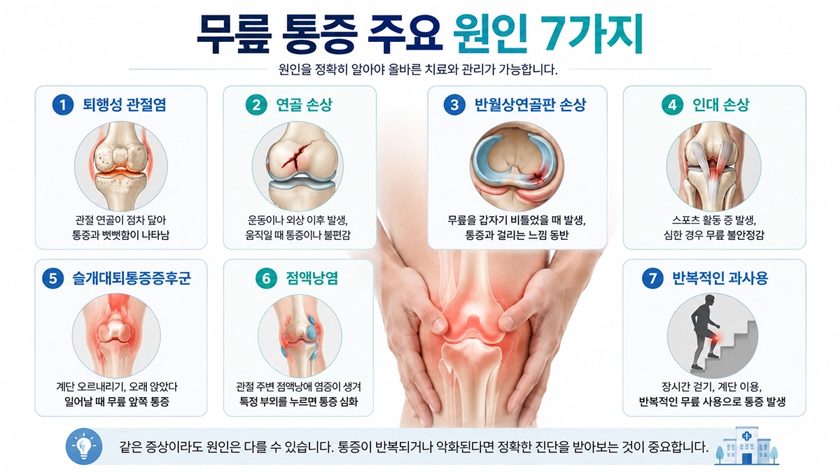 무릎 통증 주요 원인 7가지 인포그래픽