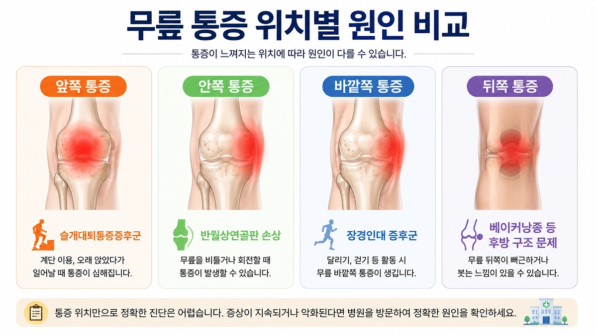 무릎 통증 위치별 원인 비교