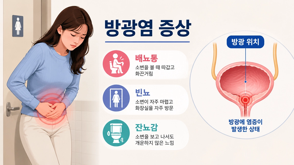 방광염 증상으로 배뇨통과 빈뇨를 경험하는 여성 예시