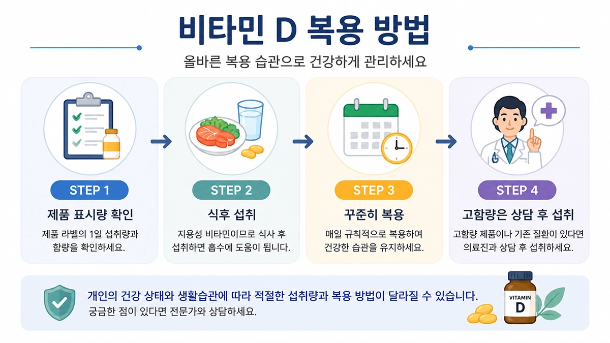 비타민 D 복용 방법과 복용 순서를 정리한 인포그래픽