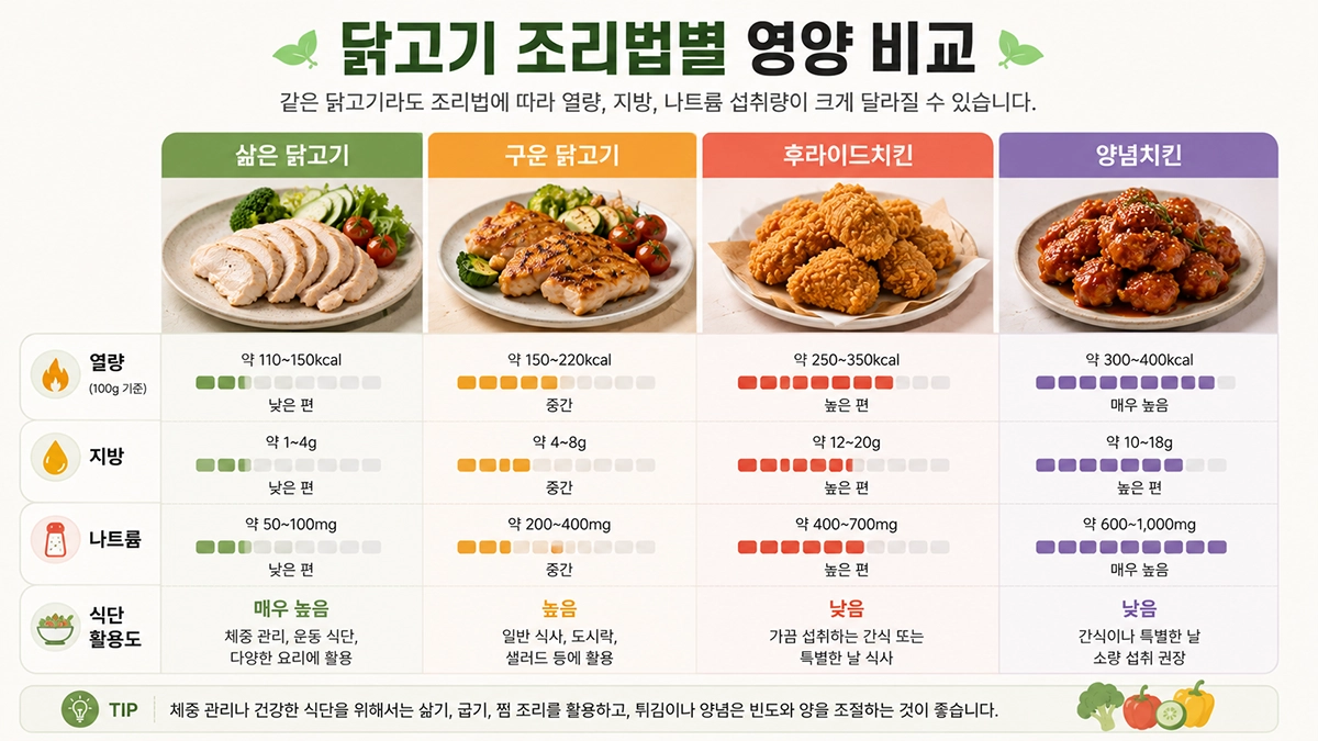 삶은 닭고기와 치킨 영양 차이 비교