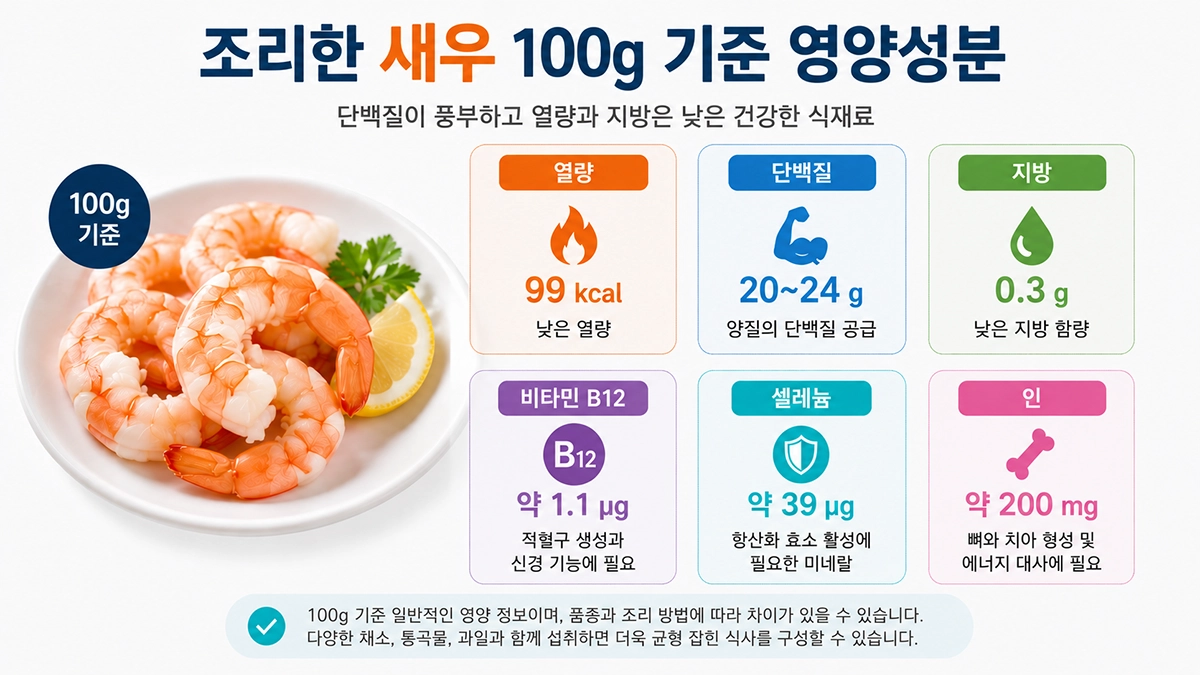 조리한 새우 100g 기준 열량과 단백질, 주요 미네랄 영양성분