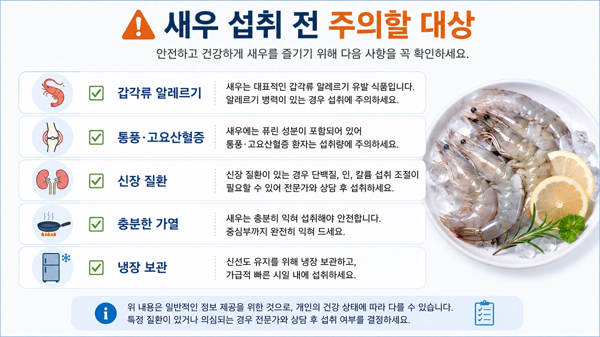 새우 섭취 전 알레르기와 통풍, 신장 질환, 조리 보관 주의사항