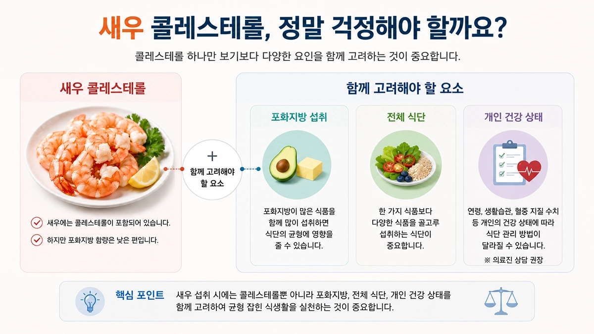 새우 콜레스테롤은 포화지방과 전체 식단을 함께 고려해야 한다는 설명 이미지