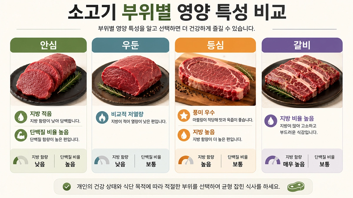 소고기 부위별 영양성분 비교 안심 우둔 등심 갈비