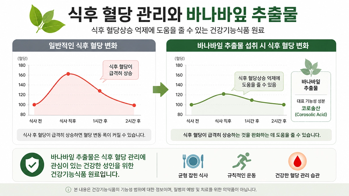 식후 혈당 상승과 바나바잎 추출물의 기능성 범위를 비교한 설명 이미지