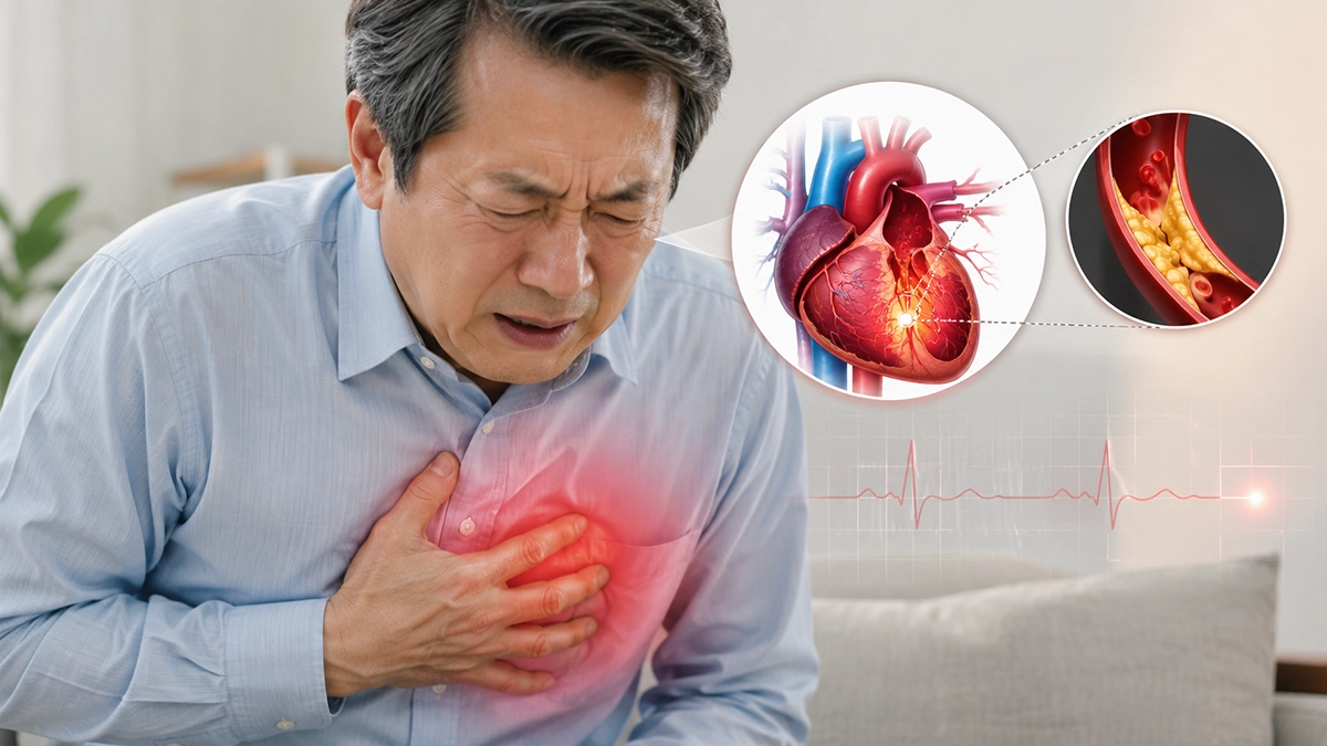 심근경색 초기증상으로 가슴 통증을 호소하는 환자 모습