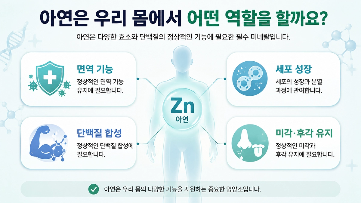 아연의 주요 역할인 면역 기능 세포 성장 단백질 합성 설명 이미지