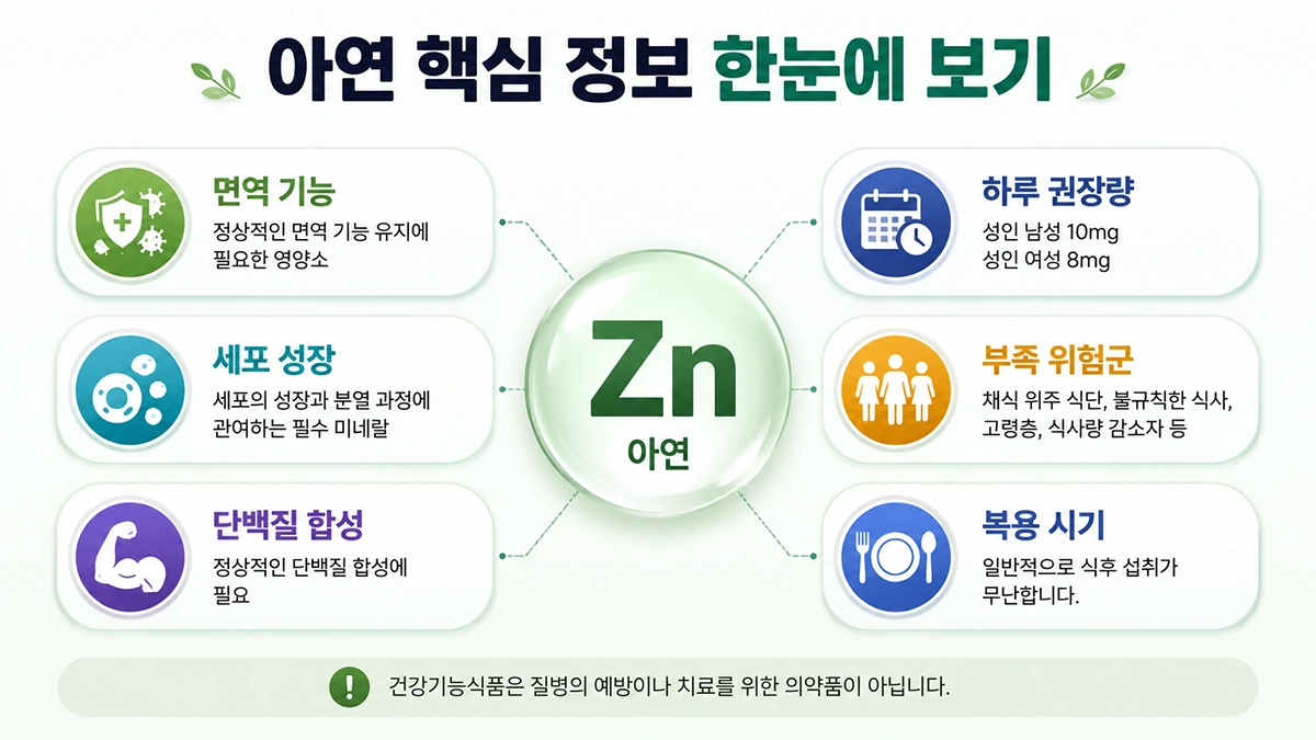 아연 역할과 하루 권장량 및 부족 위험군 요약 인포그래픽