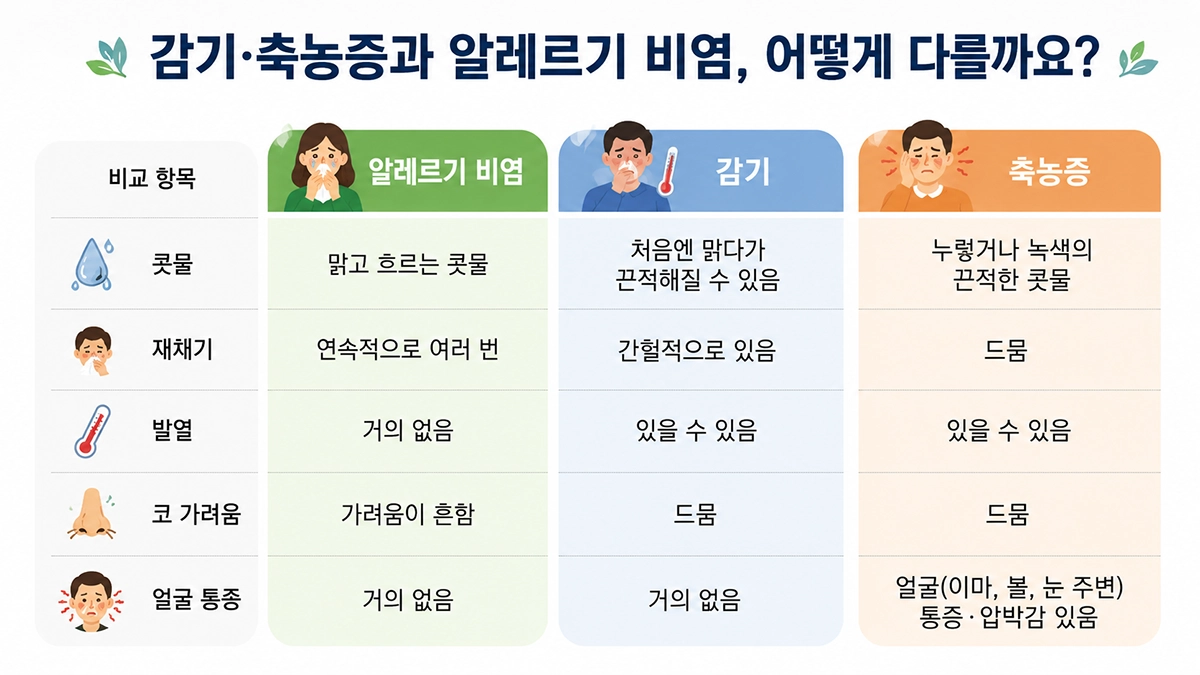 알레르기 비염과 감기, 축농증의 주요 증상을 비교한 인포그래픽