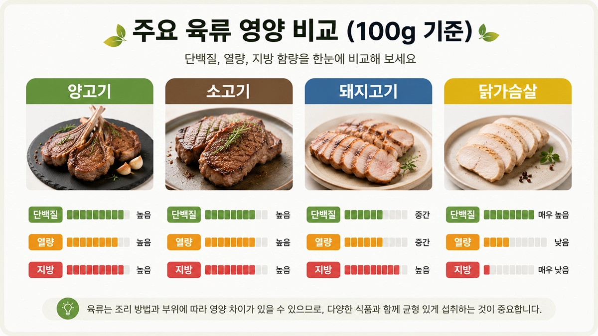 양고기 소고기 돼지고기 닭가슴살 단백질과 칼로리 비교