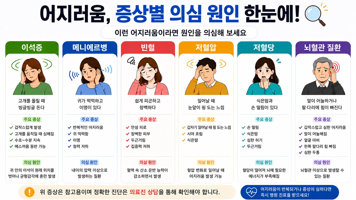 어지러움 증상별 의심 질환 이석증 메니에르병 저혈압 빈혈 저혈당 뇌혈관 질환