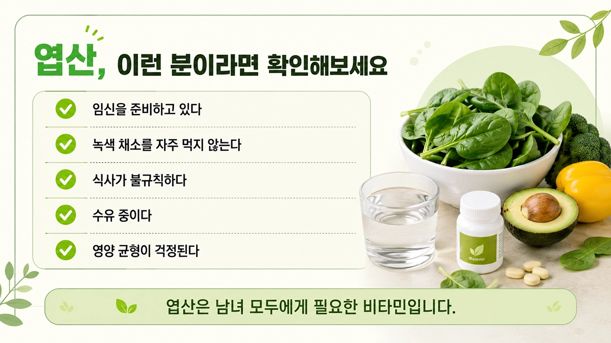 엽산이 필요한 사람과 확인해야 할 체크리스트를 정리한 인포그래픽