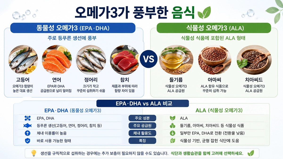 오메가3 많은 음식 동물성 식물성 오메가3 비교