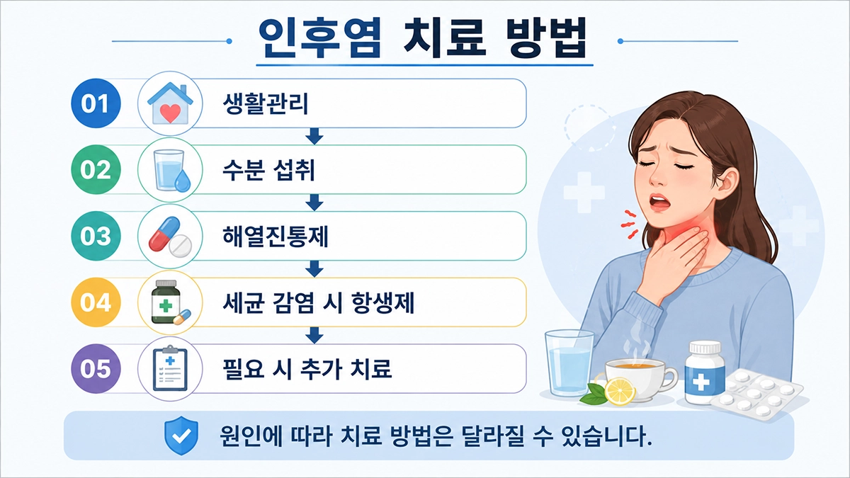 인후염 치료 과정을 생활관리부터 약물 치료까지 단계별로 정리한 이미지