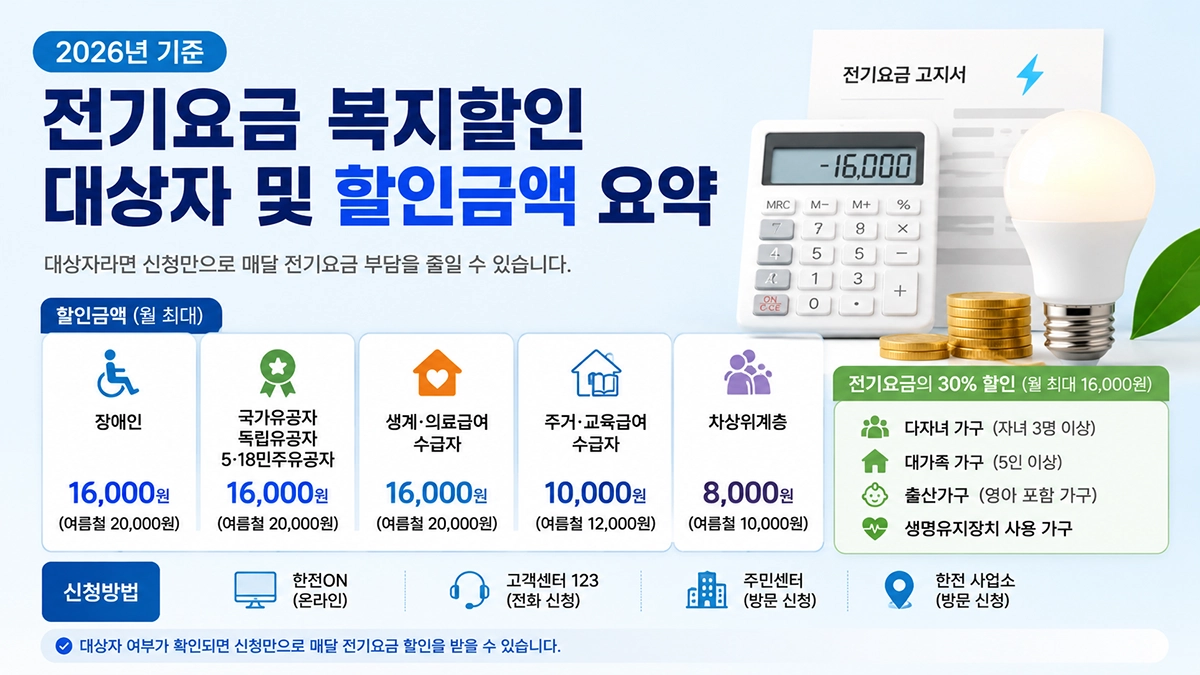 2026년 전기요금 복지할인 대상자와 할인금액 및 신청방법 안내