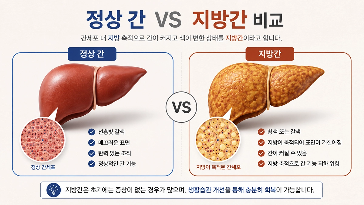 정상 간과 지방간의 차이를 보여주는 비교 이미지