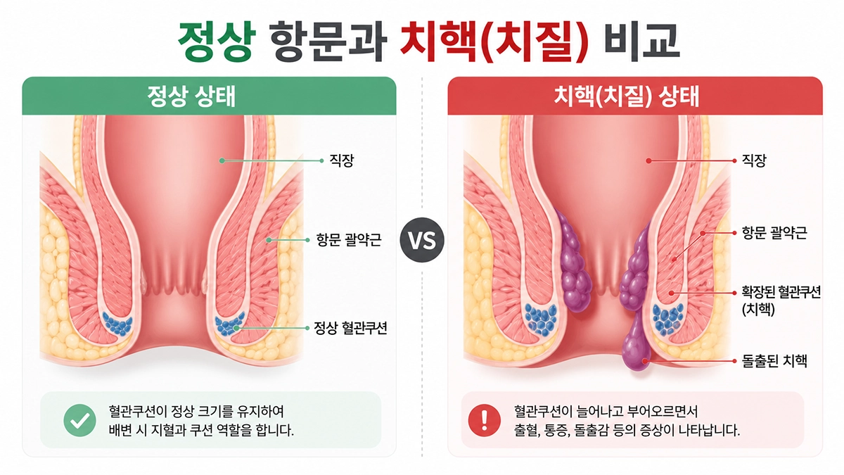 정상 항문 조직과 치질 치핵 비교 이미지