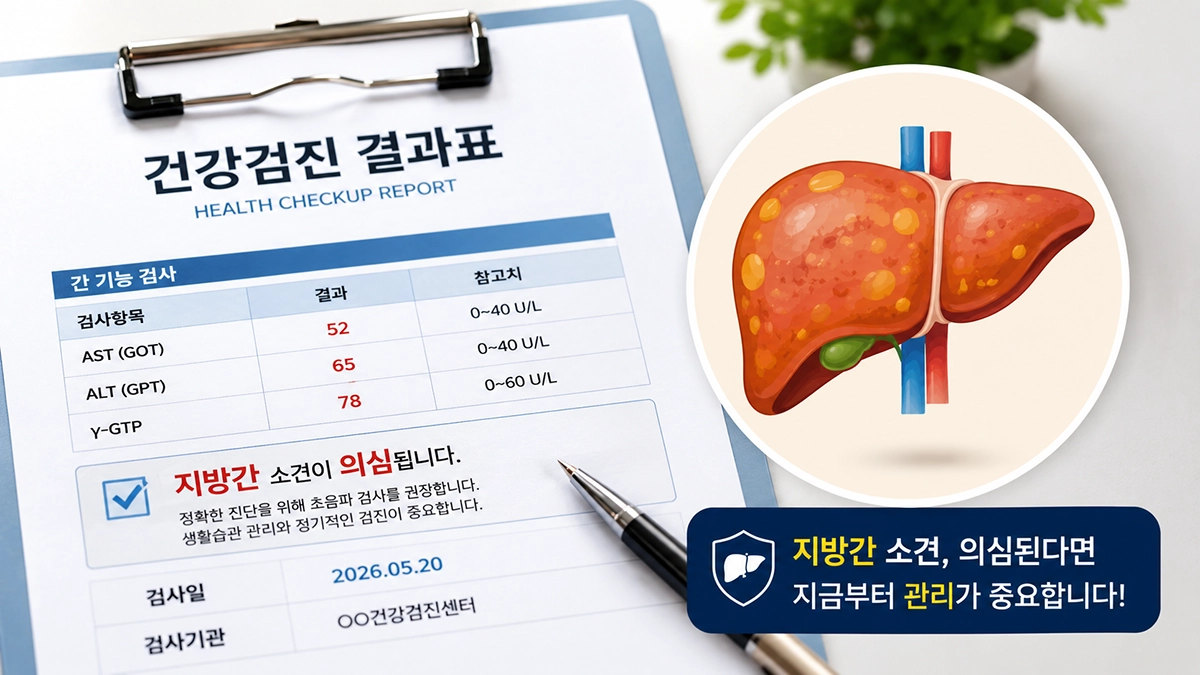 지방간 진단을 받은 사람이 건강검진 결과를 확인하는 모습
