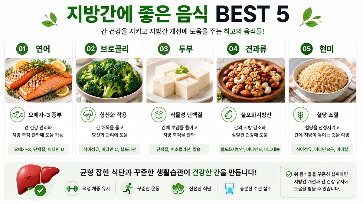 지방간에 좋은 음식인 연어 브로콜리 두부 견과류 현미